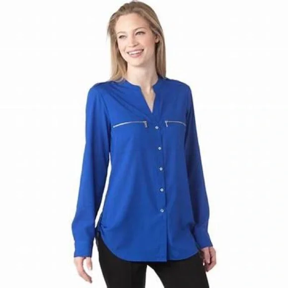 calvin klein womens exposed zip detail roll-up sleeve blouse - Picture 1 of 4